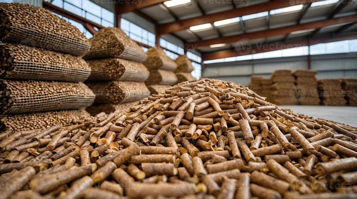 Wood pellets in an industrial storage setting, representing GIGOC’s proposed manufacturing project.
